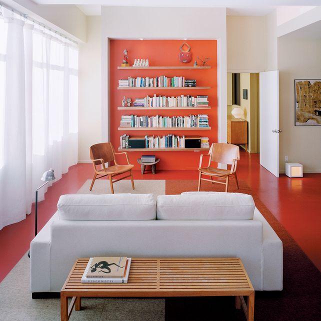 #white and #orange - I really like that coffee table BEHIND the sofa, so cute!