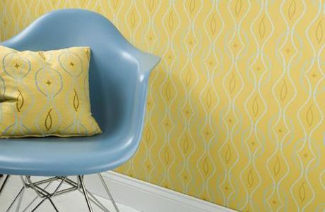 Modern wallpaper + Eames shell: Retro-modern yellow geometric wave print + matching fabric