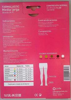 La AEMPS informa de la detección de la venta de unidades falsificadas del producto “Medias de Compresión de la marca FARMALASTIC” de la empresa Laboratorios Cinfa, S.A. en la provincia de Alicante. Imagen de la parte trasera del estuche del producto original donde se indica que dispone de 6 tallas específicas y 5 colores posibles.