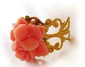 Lily Bouquet  Flower Ring in Mauve Pink with Adjustable filigree gold ring base
