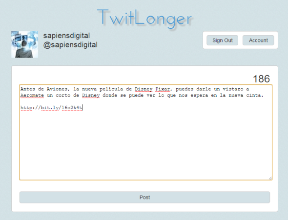 Editando el Tweet en Twitlong.