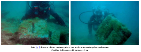 Sillares y restos de construcción hallados bajo las aguas del Golfo de Cádiz en un nivel paleoceanográficamente datado en más de 7000 años. Foto: Georgeos Díaz-Montexano, 2003.