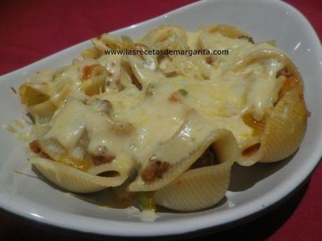 Caracolas (Conchiglioni)  rellenas de carne y verduras-Receta para niños