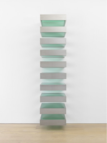 Untitled (Bernstein 89-1) 1989 Stainless steel with transparent green Plexiglas Ten units, each: 6 x 27 x 24 inches (15.2 x 68.6 x 61 cm) Art © Judd Foundation. Licensed by VAGA, New York, NY. Courtesy of David Zwirner, New York/London