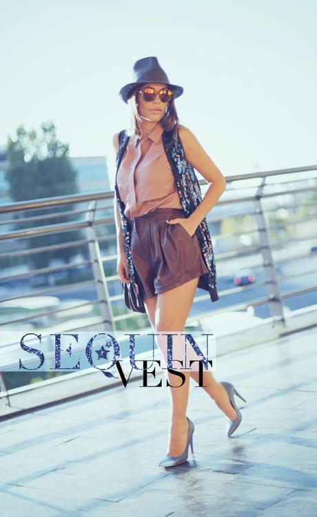 street style barbara crespo sequin vest paul ans joe blue outfit 