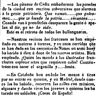 Los gitanitos de Cai, toreros gabachos en Nimes, mozos catalanes a tiros por no entrar en quintas...