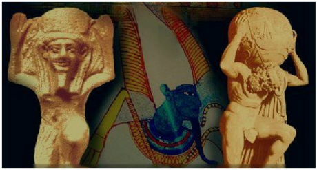 A la izquierda, el dios egipcio Schu, el que sostiene y eleva el cielo. A la derecha, su homólogo griego, el titán Atlas. Una de las principales claves para comprender y descifrar el enigma de la Atlántida.