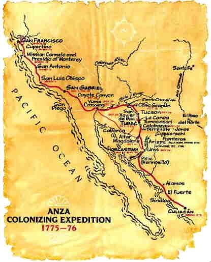 Mapa del recorrido de Anza en 1775
