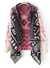 Pink Long Sleeve Tribal Pattern Asymmetrical Cardigan