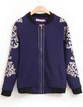 Blue Stand Collar Long Sleeve Floral Pockets Jacket