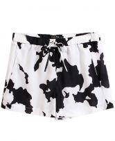 White Black Drawstring Waist Dairy Cow Print Shorts