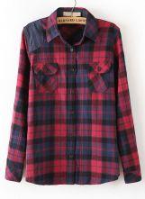 Red Lapel Long Sleeve Plaid Pockets Blouse