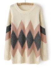Beige Long Sleeve Geometric Pattern Knit Sweater