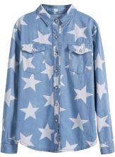Blue Long Sleeve Stars Print Denim Shirt