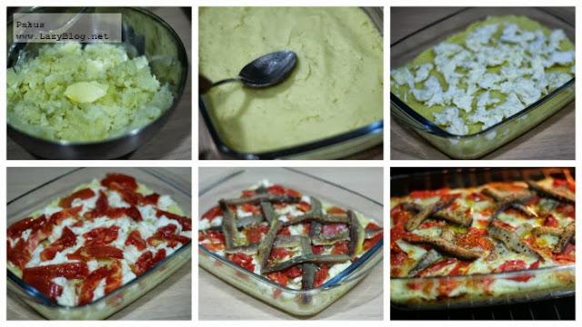 Pizza de patata, tomates y sardinas. Receta