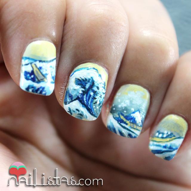 Uñas decoradas con olas (la Ola de Hokusai)