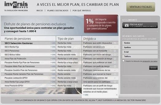 Oferta Inversis Banco Plan de Pensiones: 1% del importe suscrito o traspasado