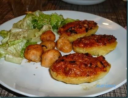 patatas rellenas de verduras y trompetas de la muerte,racion copia