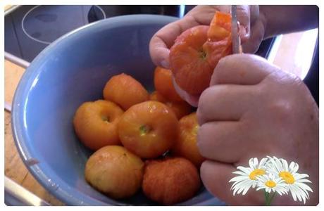 Escalfando y pelando los tomates.