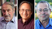 Los Premios Nobel en Ciencias 2013 Martin Karplus, (créditos Harvard University). Michael Levitt (Créditos S. Fisch) y Arieh Warshel, (Créditos: Wikimedia Commons).