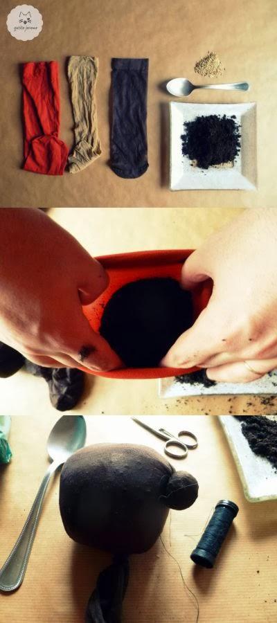 Materiales y procedimiento. Medias, tierra en medias, hacer nariz y orejas.