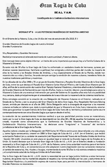 A las Potencias Masónicas de la Amistad. Mensaje Nº 6, del MRGM. de la Gran Logia de Cuba, MRH. Evaristo Rubén Gutiérrez Torres