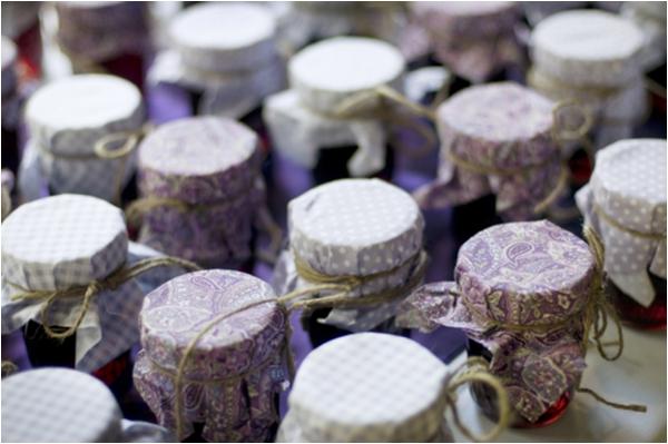 homemade pomegranate jelly favors in mason jars with fabric top covers, homemade pomegranate jam favors in mason jars with fabric top covers, pink and purple romantic rustic wedding, Sunny Studios
