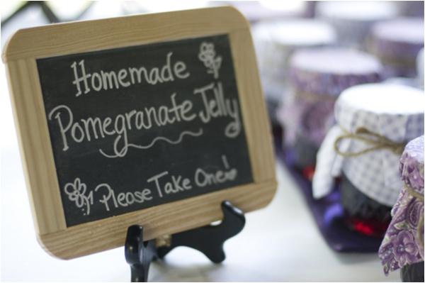 homemade pomegranate jelly favors in mason jars with fabric top covers, homemade pomegranate jam favors in mason jars with fabric top covers, chalkboard sign, pink and purple romantic rustic wedding, Sunny Studios