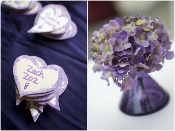 DIY purple heart escort cards, purple hydrangeas in unique purple vase decor, pink and purple romantic rustic wedding, Sunny Studios