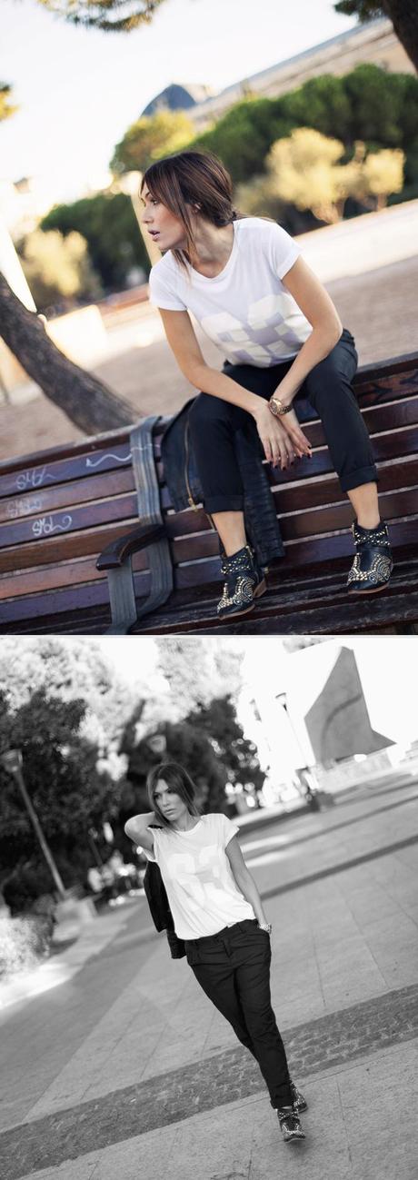 street style barbara crespo a bicyclette bartabac tshirt outfit plaza de colon madrid