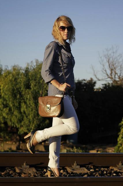 Jeans blouse + White pants