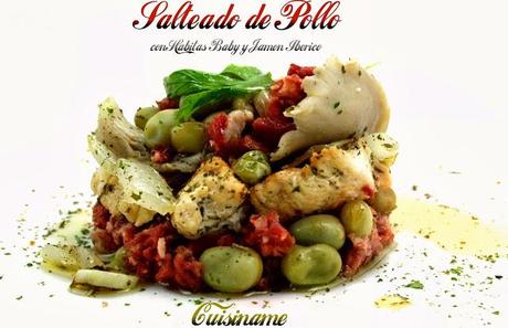 salteado de pollo, carne, champiñones y setas, jamón ibérico, habitas baby, pollo, recetas sanas, recetas de cocina