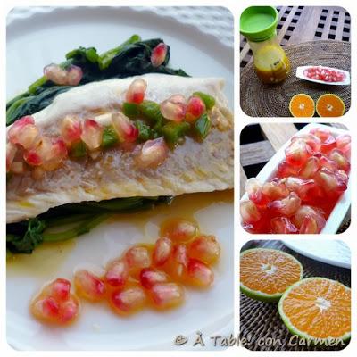 Lomo de Lubina sobre Espinacas a la Vinagreta de Mandarina y Granada