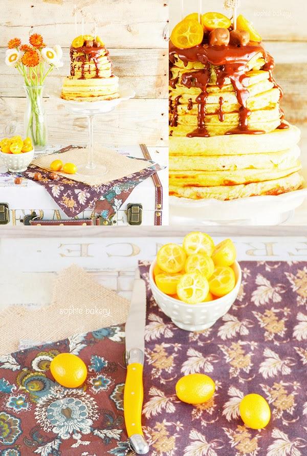 PASTEL DE PANCAKES con naranjas enanas y Kit Kat