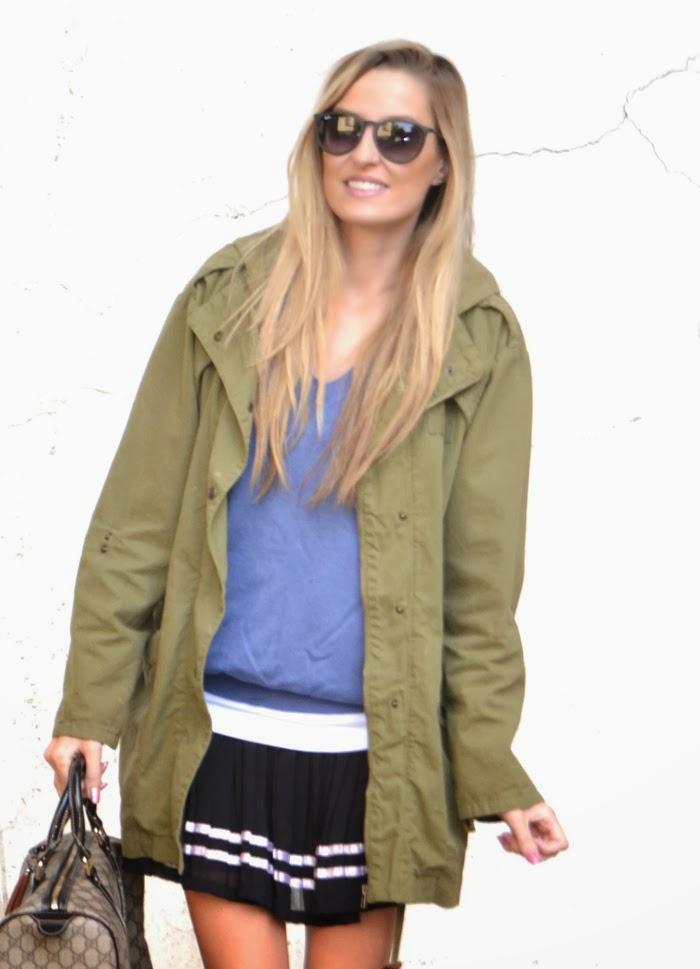 Pleated skirt and military parka