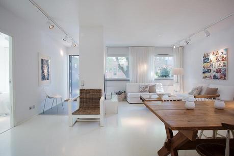 modern apartment with rustic dining table