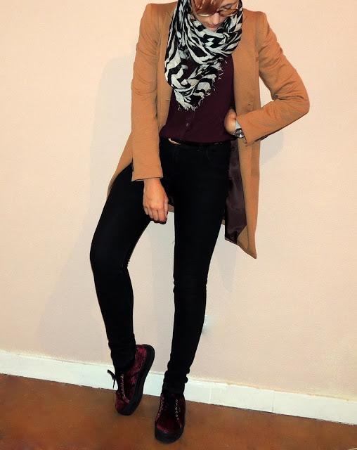Camel + burgundy + black ♦ Outfit