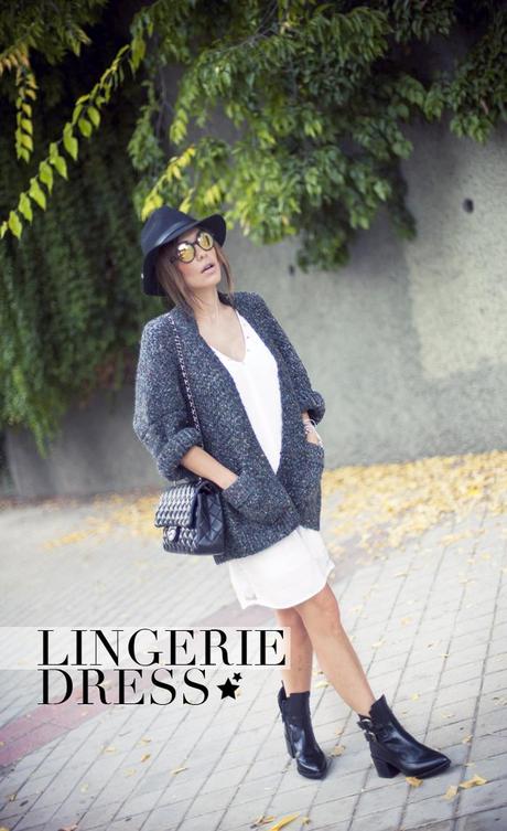 street style barbara crespo lingerie dress the corner cardigan zara boots outfit