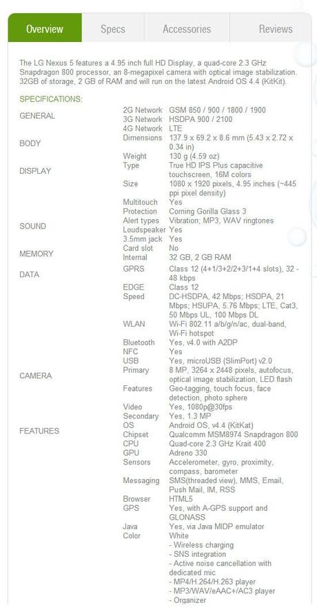 Nexus 5 specs