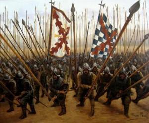 Piqueros de los tercios españoles preparados para repeler un ataque de la caballería.
