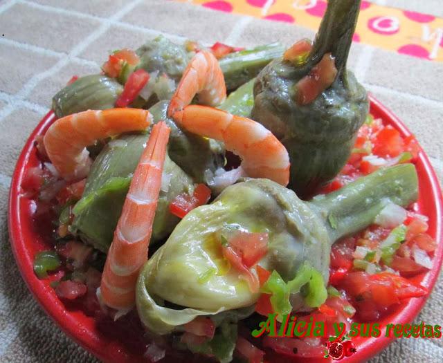 ALCACHOFAS AL ACEITE CON VINAGRETA Y LANGOSTINOS