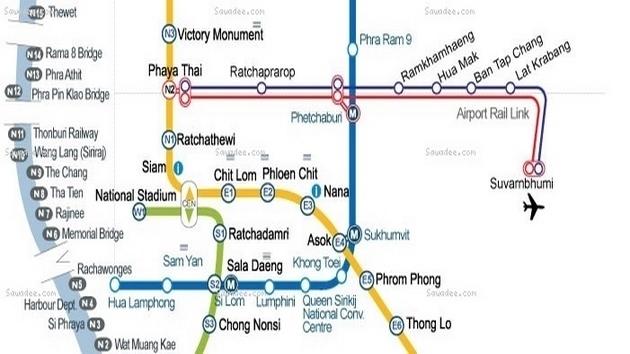 Mapa de la conexión por tren con el centro de Bangkok