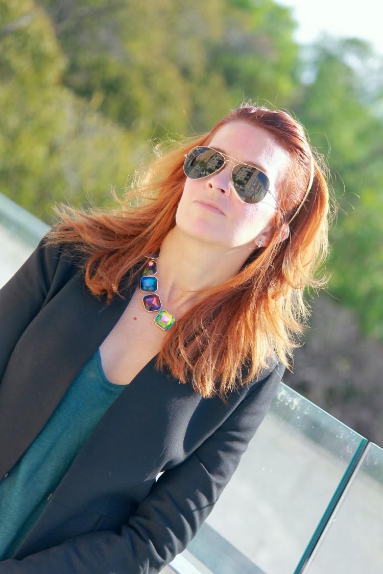 Green and blue print pants + black frockcoat