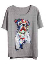 Gris de manga corta de la impresión del perro Rhinestone T-Shirt