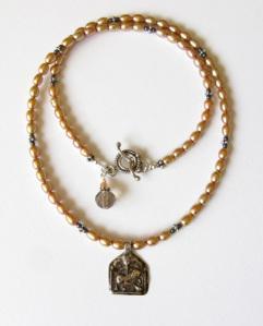 2 Golden Peach Pearl Durga Amulet Necklace wrap