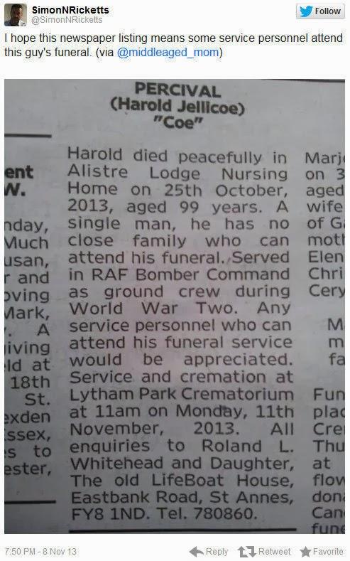 funeral Harold Jellicoe Percival veterano guerra mundial