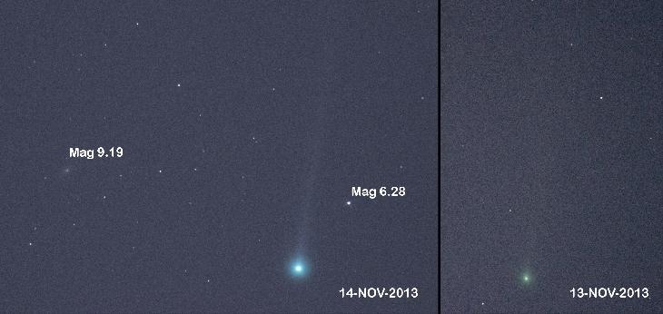 Comparación del cometa en sólo 24 horas. Crédito Charles Coburn, 14 de noviembre de 2013 desde Rescue, CA USA. Click para ampliar