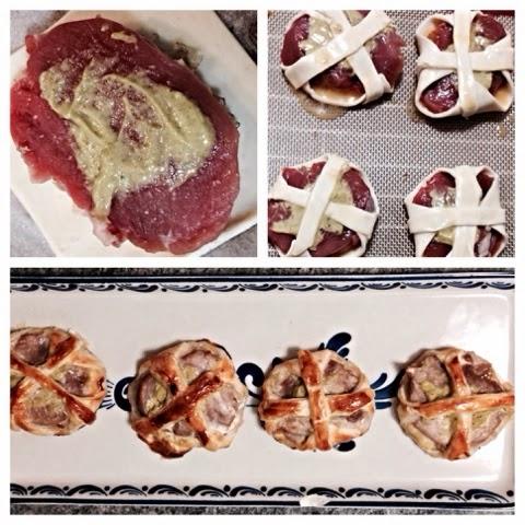 Cestillos de solomillo de cerdo con cebolla caramelizada y mostaza de pimienta verde