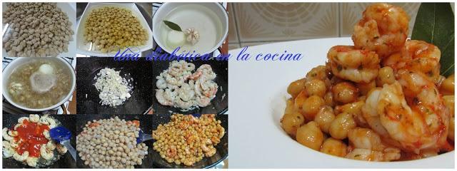Garbanzos salteados con langostinos y el conteo de las distintas raciones aptas para diabéticos