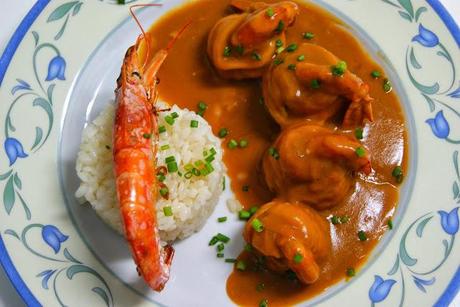 Popietas (Paupiette) de Lenguado y Gambas en Salsa Americana con Arroz